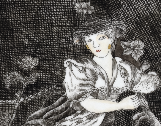 圖為清乾隆墨彩描金西方女性圖碟細(xì)節(jié)圖，碟心以墨彩繪西洋女性圖，這種碟是典型來樣加工出口瓷器，圖樣由外商提供并在中國燒制完工，然后再進(jìn)行外銷。此碟圖案為歐洲第一名瓷德國梅森瓷器早期圖案。（來源：廣州十三行博物館）